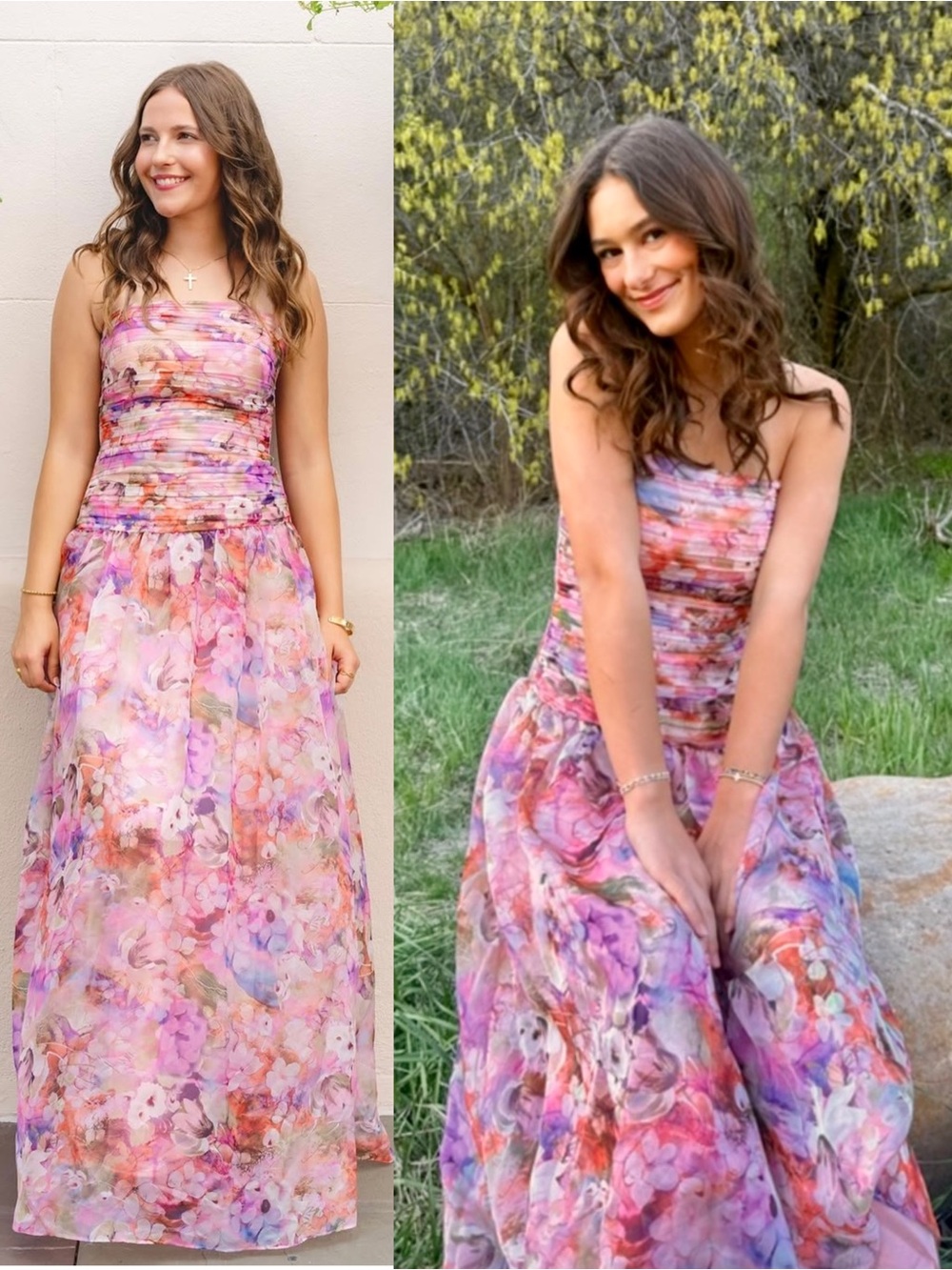 LULUS Watercolor Floral Organza Strapless Pleated Drop Waist Fairycore Gown L